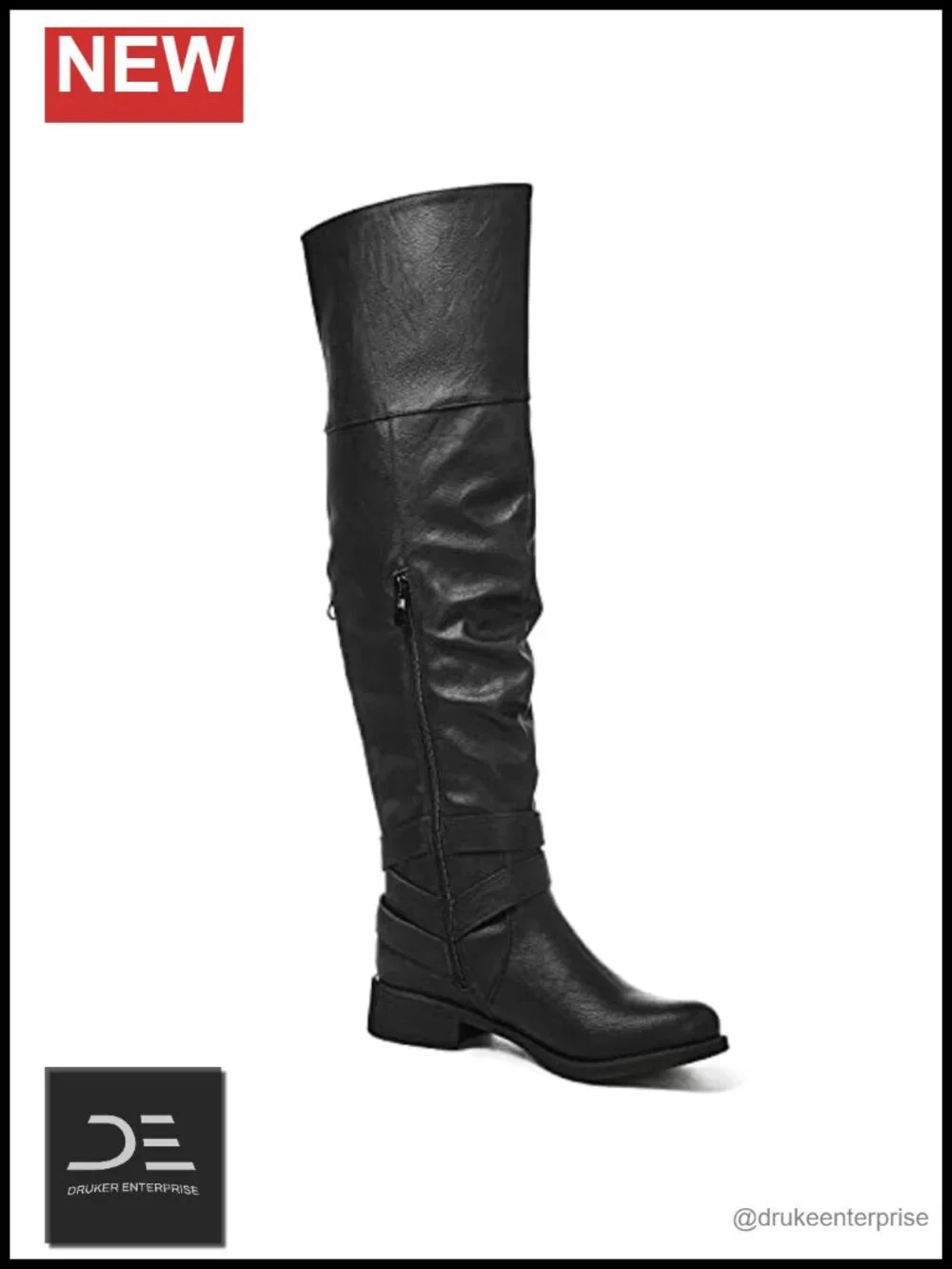 Faux Leather Over the Knee Boots, Slouchy Motorcycle Style with Low Block Heel